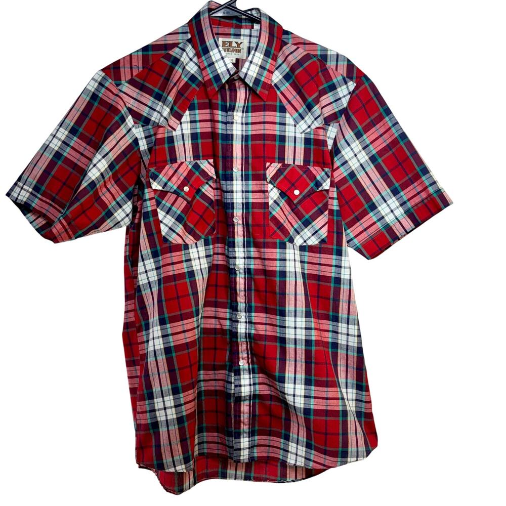 Ely Cattleman Western Cowboy Shirt Mens Medium Short Sleeve Red Plaid Pearl Snap